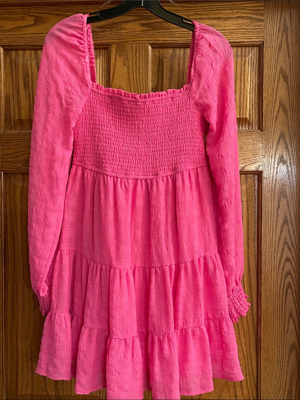 Pink Smocked Tiered Long-Sleeve Dress